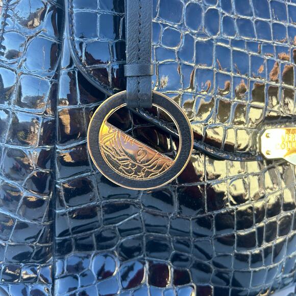 Versace Collection Croc-Embossed Patent Leather Top Handle Bag Black Purse - Picture 5 of 10